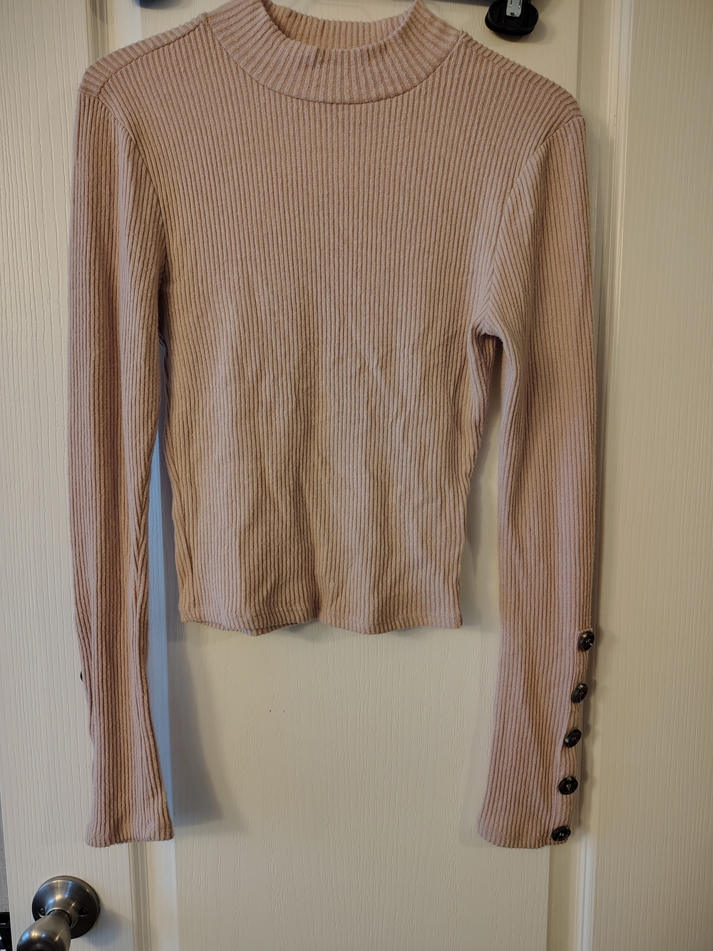 Active USA Blush Ribbed Mock Neck Long Sleeve Top with Button Cuffs
